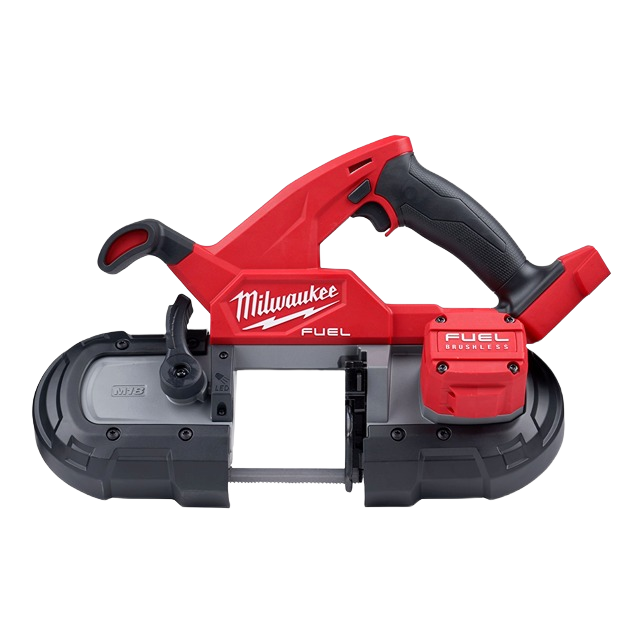 Red and black Milwaukee variable speed band saw with ergonomic handle and durable frame, designed for metalworking in rental power tools at Hartville Hardware.