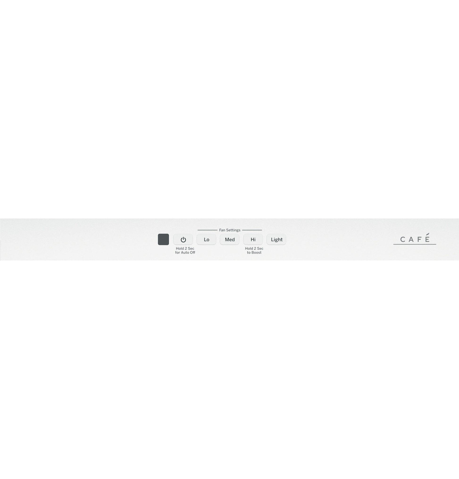 Close-up of white control panel for wall-mounted range hood with fan speed buttons and light control