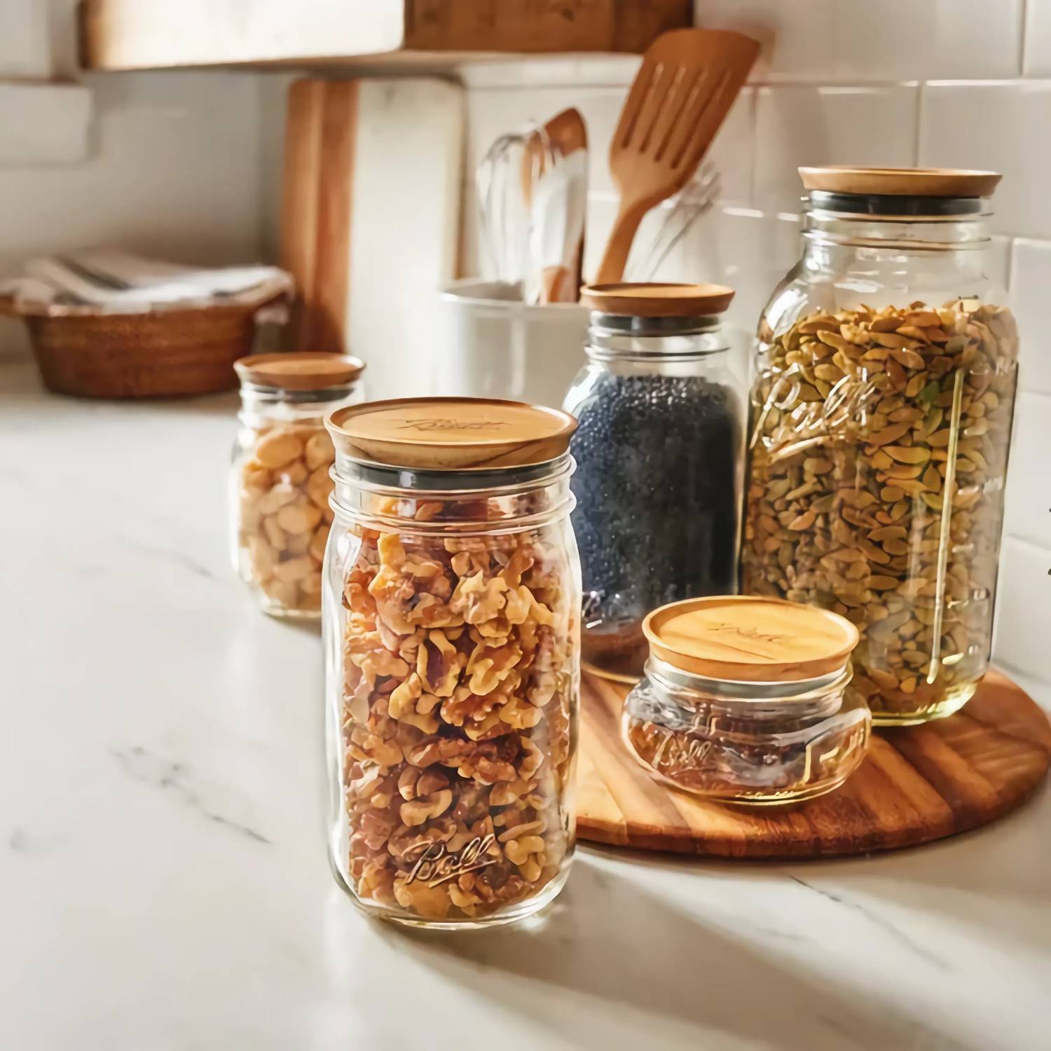 Three wooden wide mouth jar lids on glass jars storing nuts and seeds in kitchenware and kitchen gadgets collections