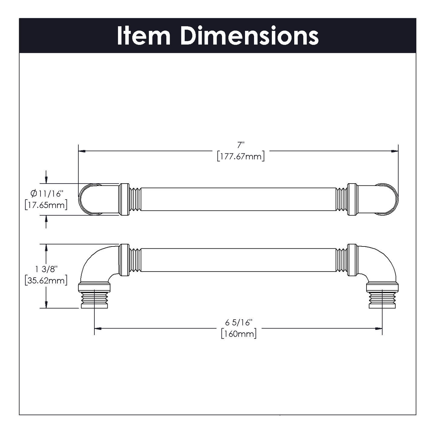 Technical drawing of black nickel vibed pipeline pull showing detailed dimensions for hardware and furniture accessories.