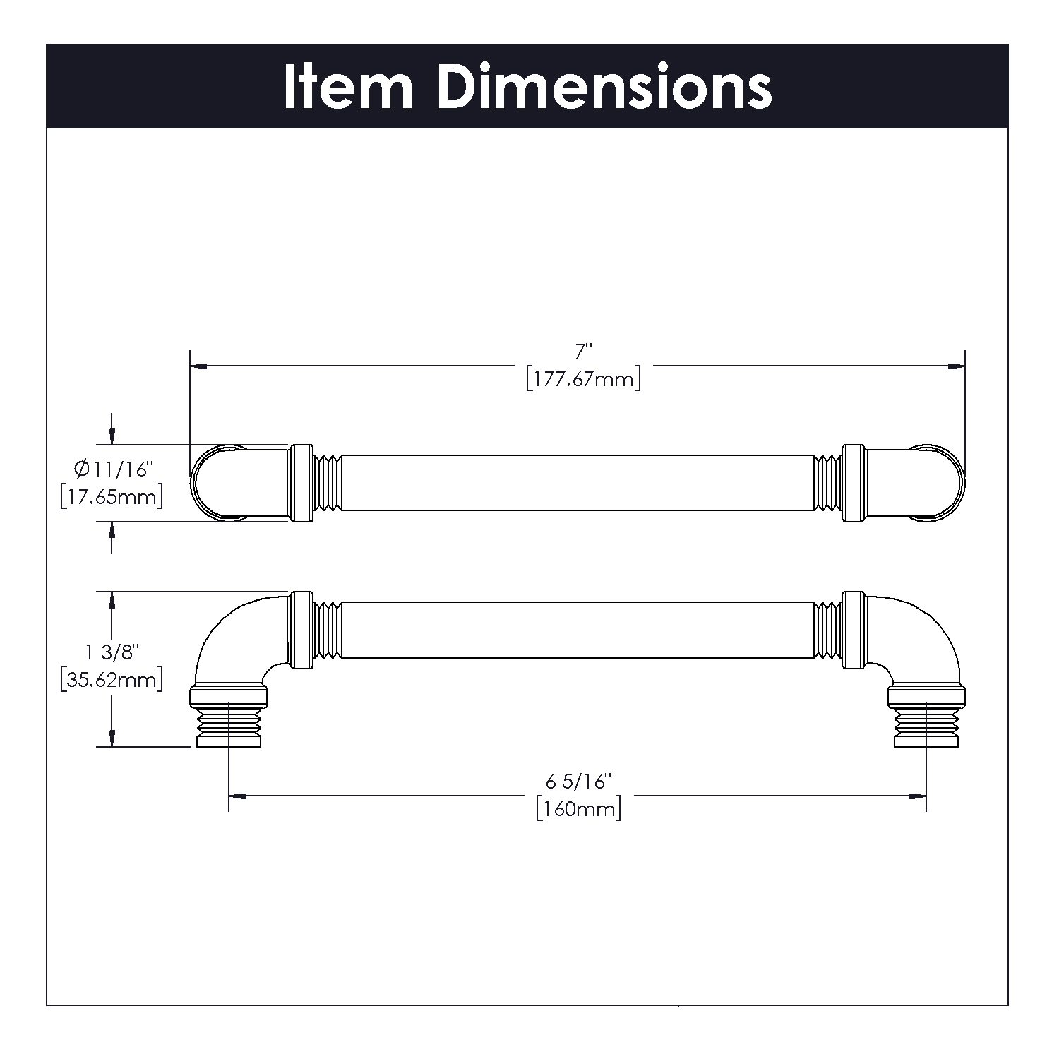 Technical drawing of black nickel vibed pipeline pull showing detailed dimensions for hardware and furniture accessories.