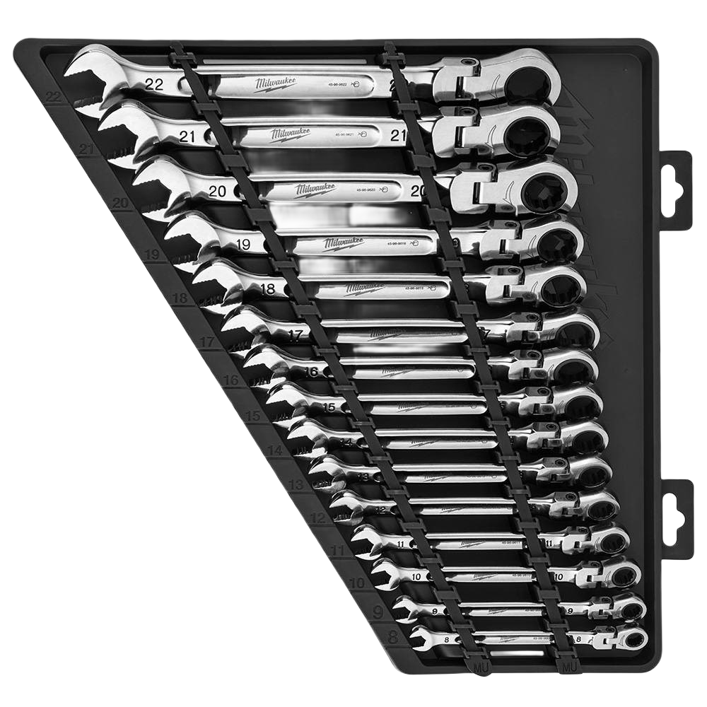 Set of 15 polished metric flex head ratcheting combination wrenches organized in a black plastic storage tray for tools use
