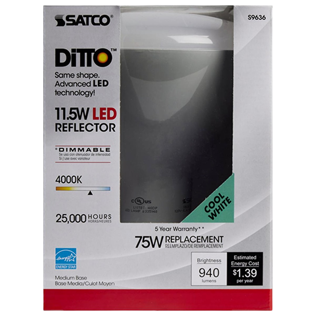 Satco Ditto 11.5W LED BR40 flood light with cool white 4000K color, 940 lumens, dimmable, energy-efficient home lighting bulb