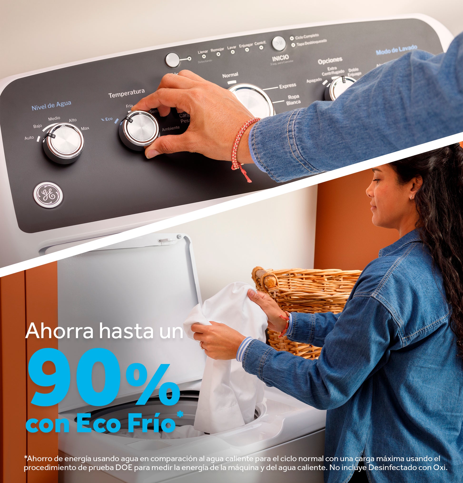 Close-up of a person adjusting temperature dial on Spanish control panel of top load washer in laundry room setting