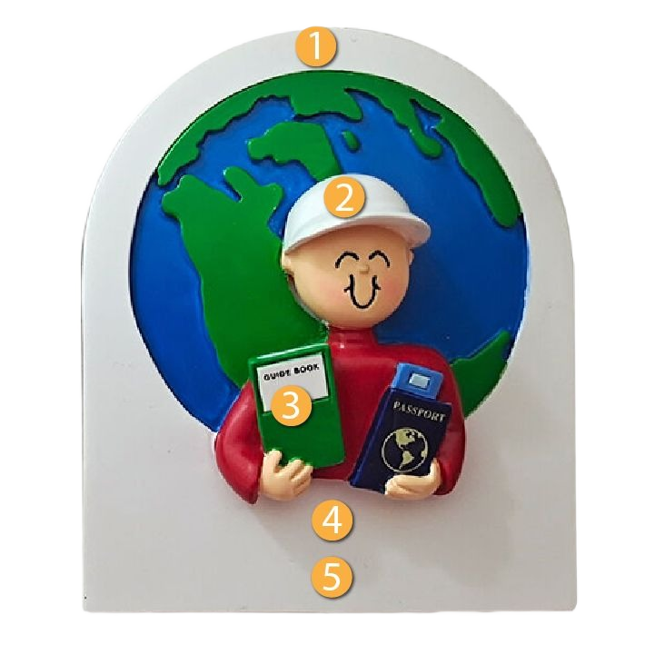 Smiling male traveler figurine holding guidebook and passport in front of globe for Christmas tree decor collection