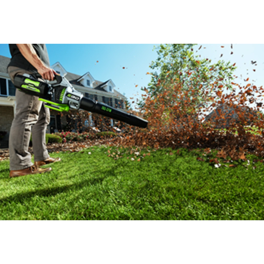 Person using EGO battery powered blower clearing leaves on lawn in outdoor home improvement and power tools collection