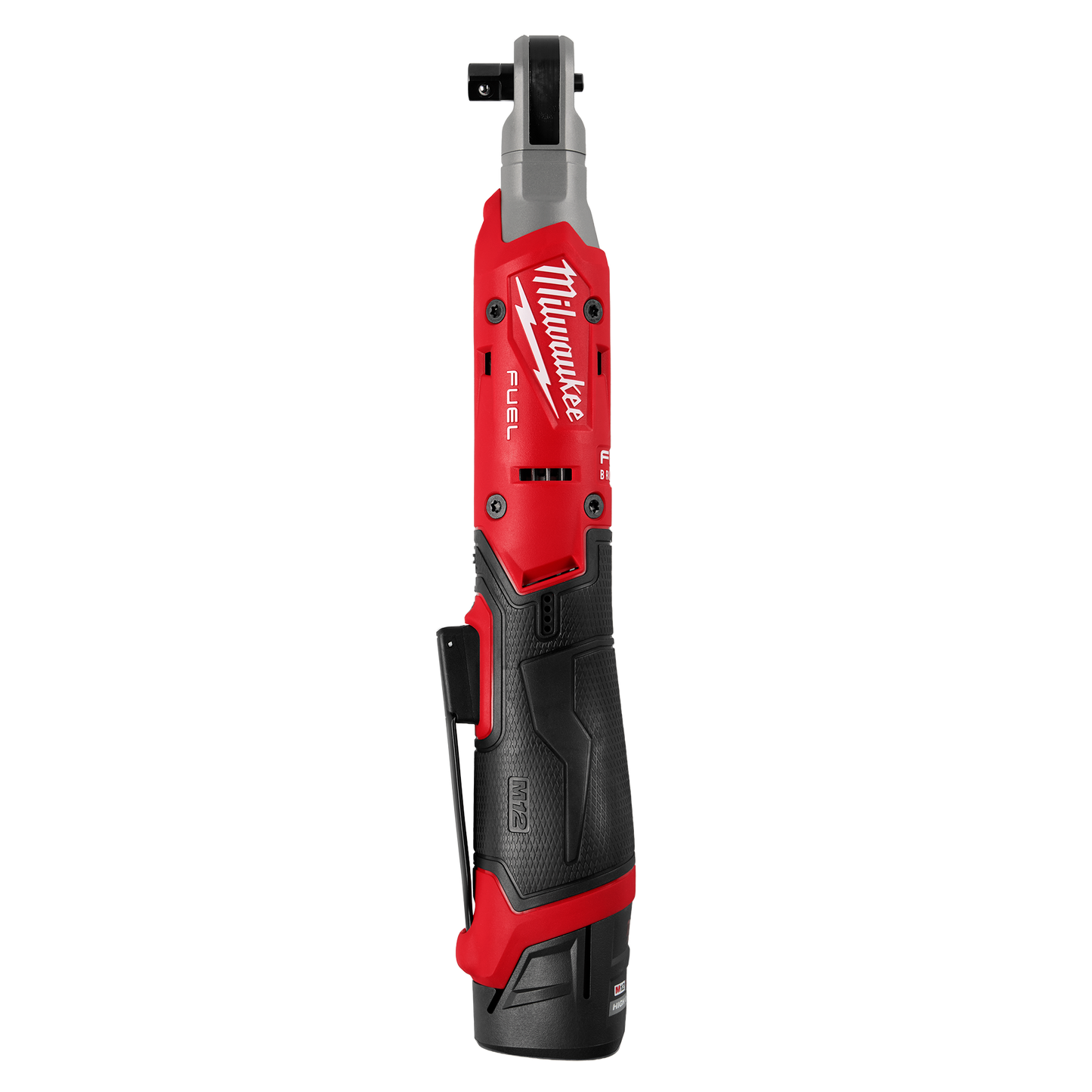 Red and black Milwaukee cordless 3/8-inch ratchet with ergonomic grip and belt clip, part of Hand Tools and Woodworking Tools at Hartville Hardware.