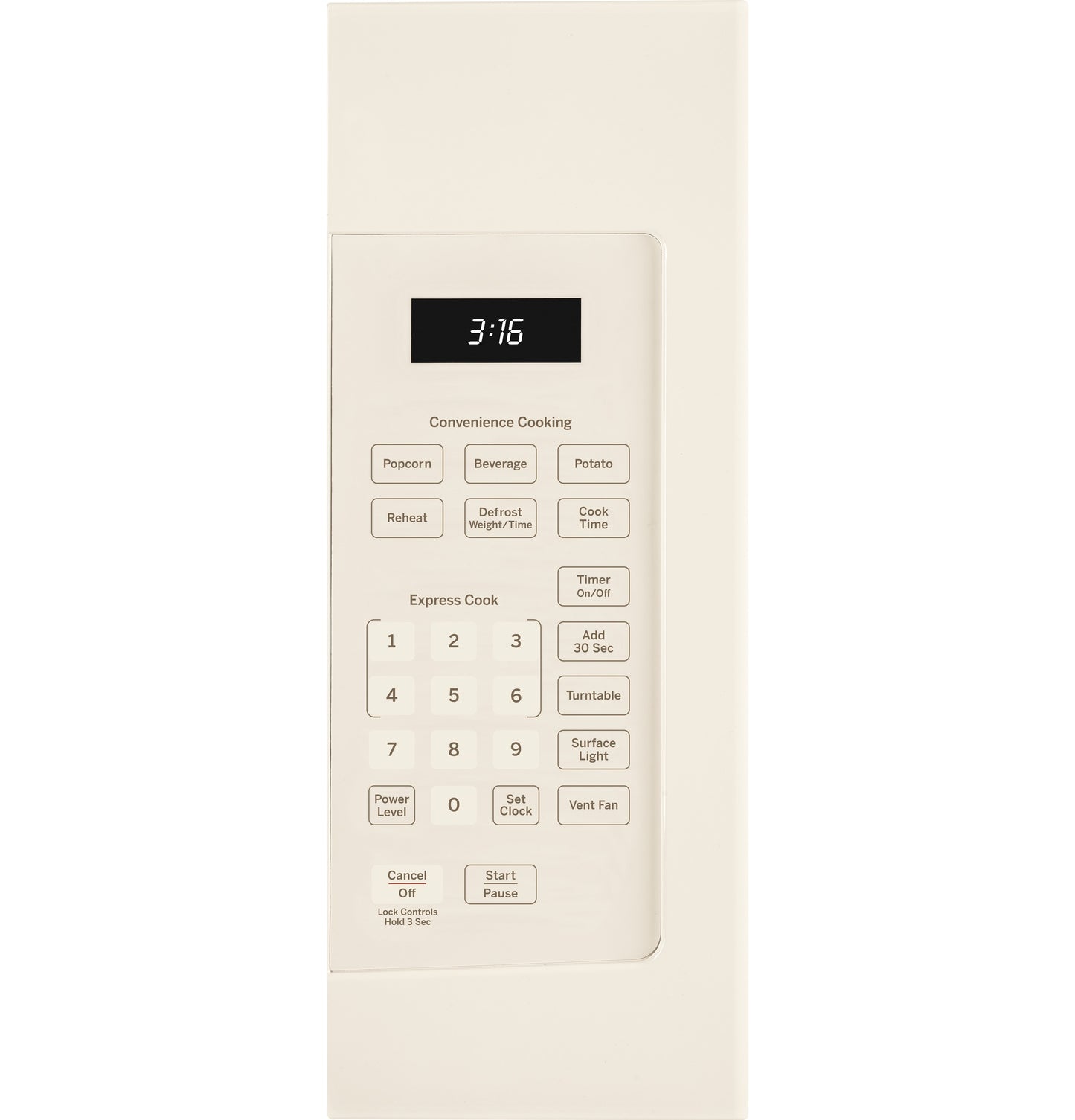 Digital control panel with timer and preset cooking options on beige over-the-range microwave in kitchen appliances collection