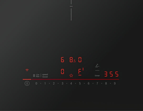Close-up of black induction cooktop touch control panel with red digital display from Bosch cooktops collection
