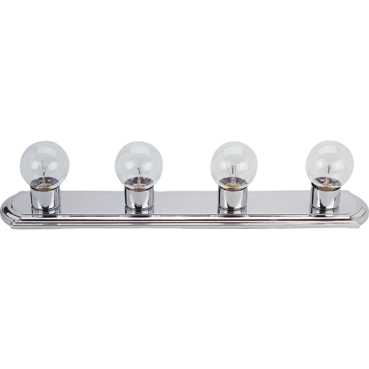 Chrome 4-bulb vanity light bar with clear globe bulbs, ideal for bathroom wall lighting and home improvement projects