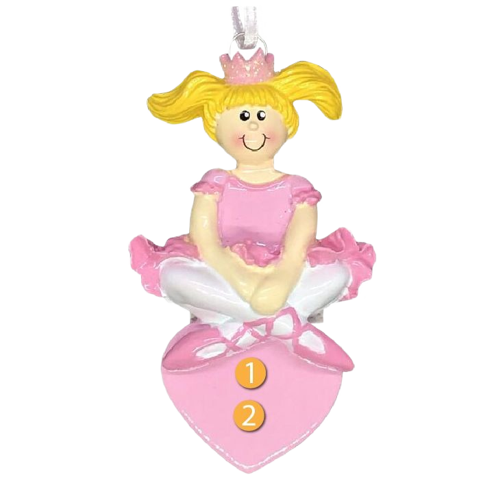 Blonde ballet princess ornament in pink tutu and crown holding heart for Christmas Ornaments & Tree Decorations collection