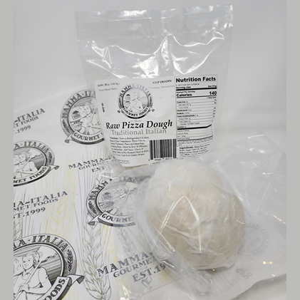 Vacuum-sealed ball of traditional Italian pizza dough on branded packaging in food and beverage collections