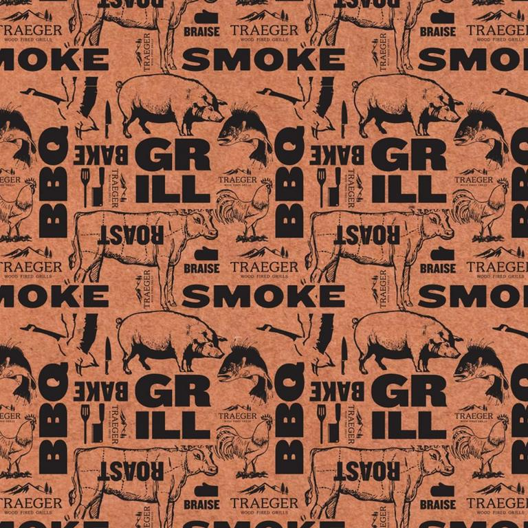 Brown butcher paper with black BBQ-themed illustrations and text, part of Traeger grill accessories for outdoor cooking.