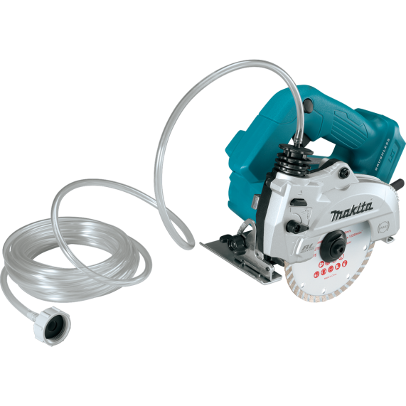 Cordless 5-inch wet/dry masonry saw with water hose attachment for dust management in home improvement projects
