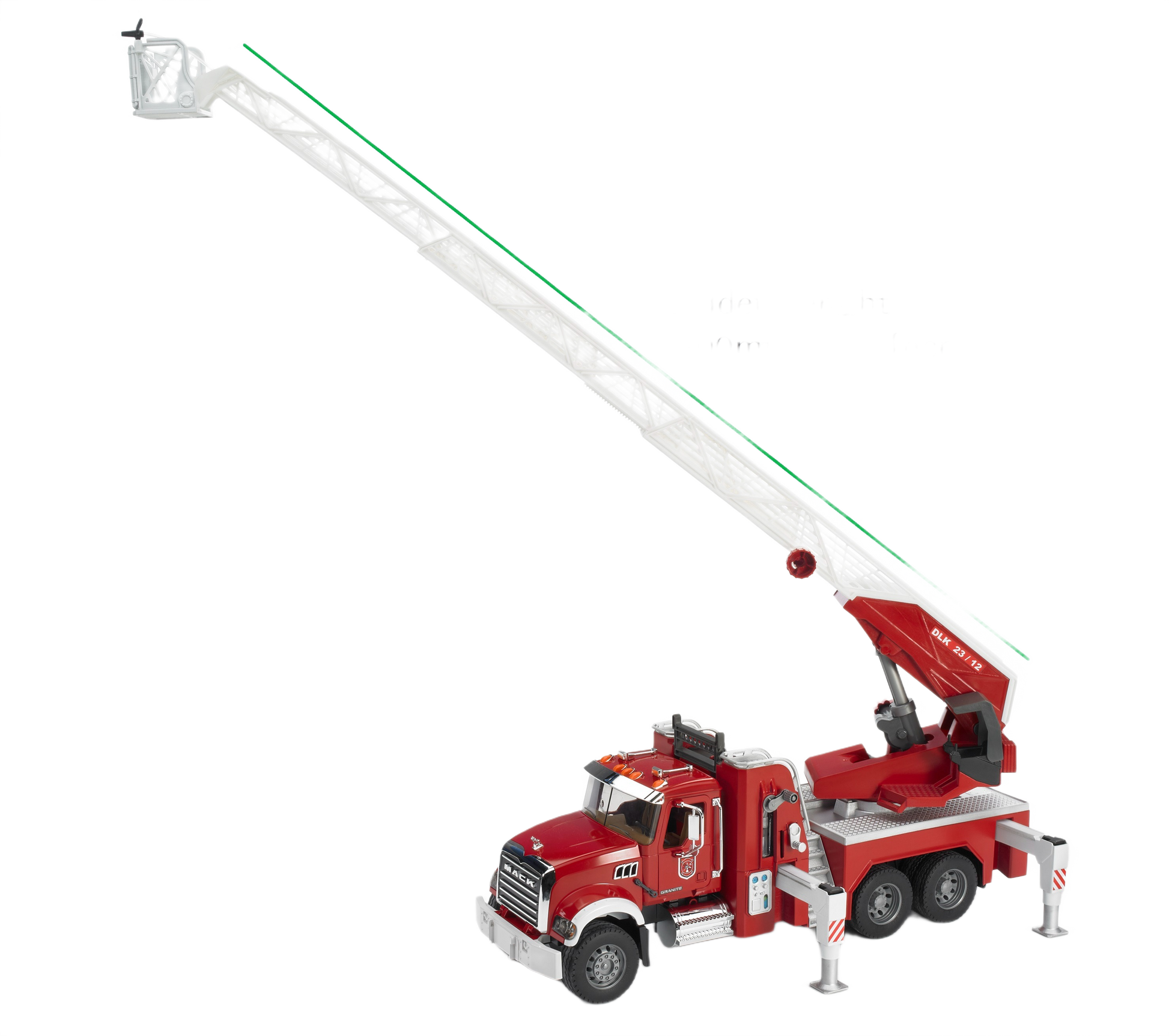 Red and white toy fire truck with extendable white ladder and detailed water pump for rescue play