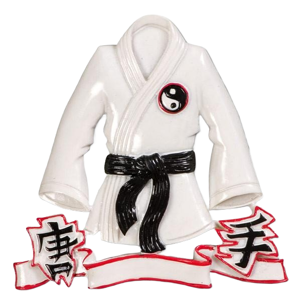 White karate jacket ornament with black belt and yin-yang emblem, festive decoration for Christmas Ornaments collection