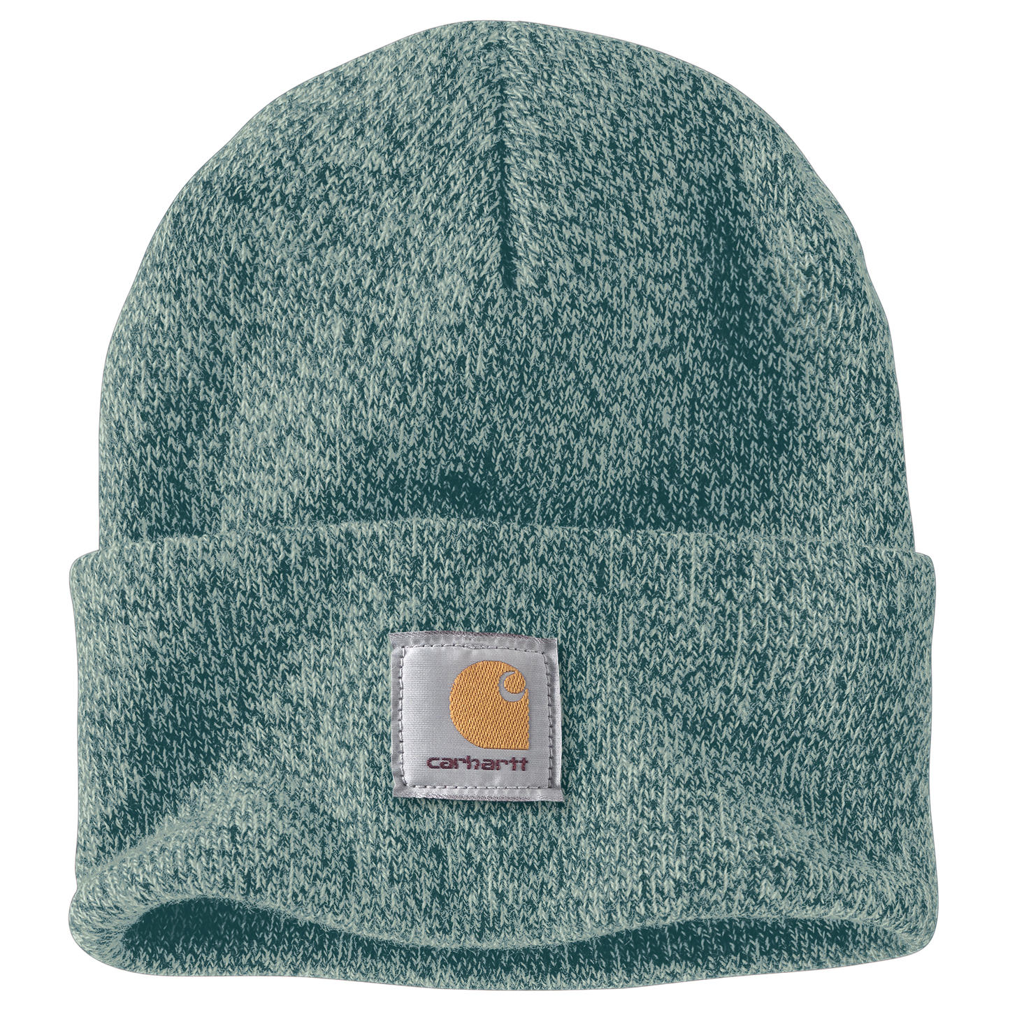 Heathered green acrylic rib knit cuffed beanie with a stitched Carhartt logo patch, a warm accessory from Clothing & Shoes and Scarves & Hats collections.