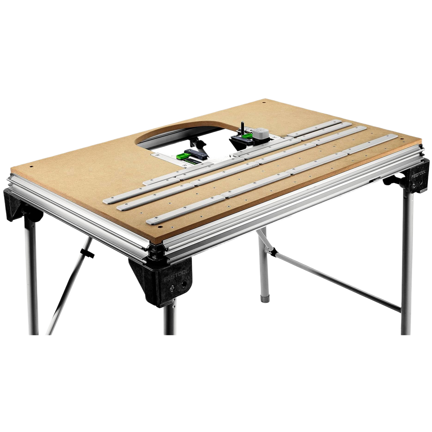 Multi-function woodworking table with adjustable rails and sturdy metal legs for tool stands and home improvement projects