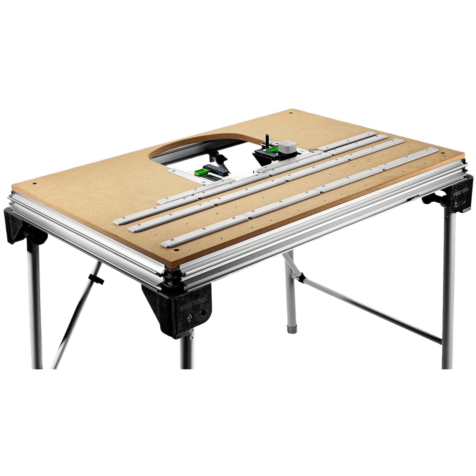 Multi-function woodworking table with adjustable rails and sturdy metal legs for tool stands and home improvement projects