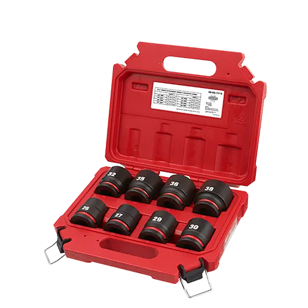 Red case with eight forged steel impact sockets in metric sizes for hand tools and woodworking tool collections.