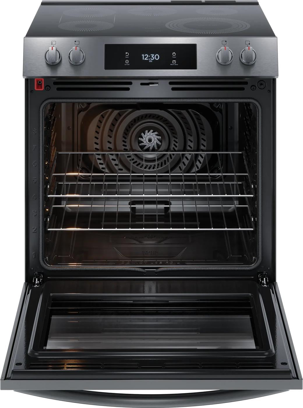 Front control electric range with total convection oven, stainless steel finish, and digital display in kitchen appliances collection