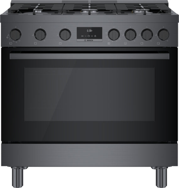Front view of black stainless steel 36-inch gas freestanding range with six knobs and digital control panel from Bosch collection
