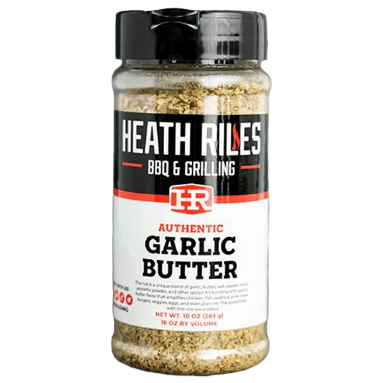 Heath Riles garlic butter rub seasoning in clear plastic bottle for grilling sauces and outdoor living collections