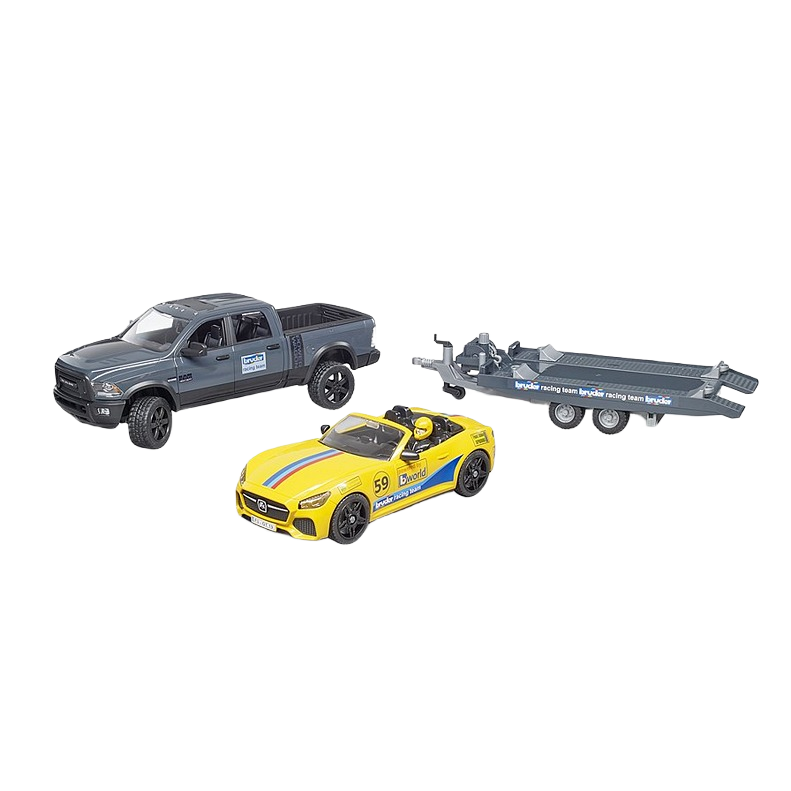 Gray Ram 2500 toy truck towing yellow roadster racing car on dual-axle trailer in detailed miniature play set