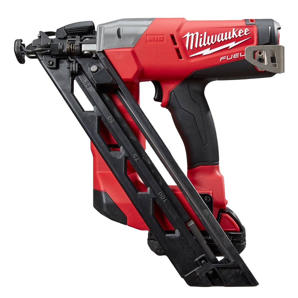 Compact red and black finish nailer with angled magazine for woodworking and home improvement tasks