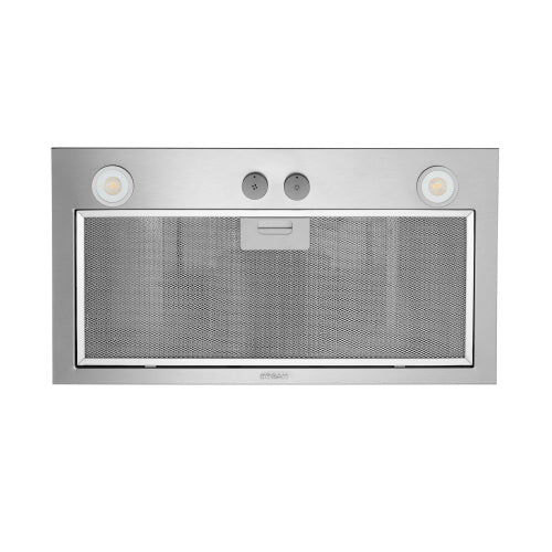 Stainless steel power pack insert with LED lights and dual knobs for range hoods in kitchen appliances collection