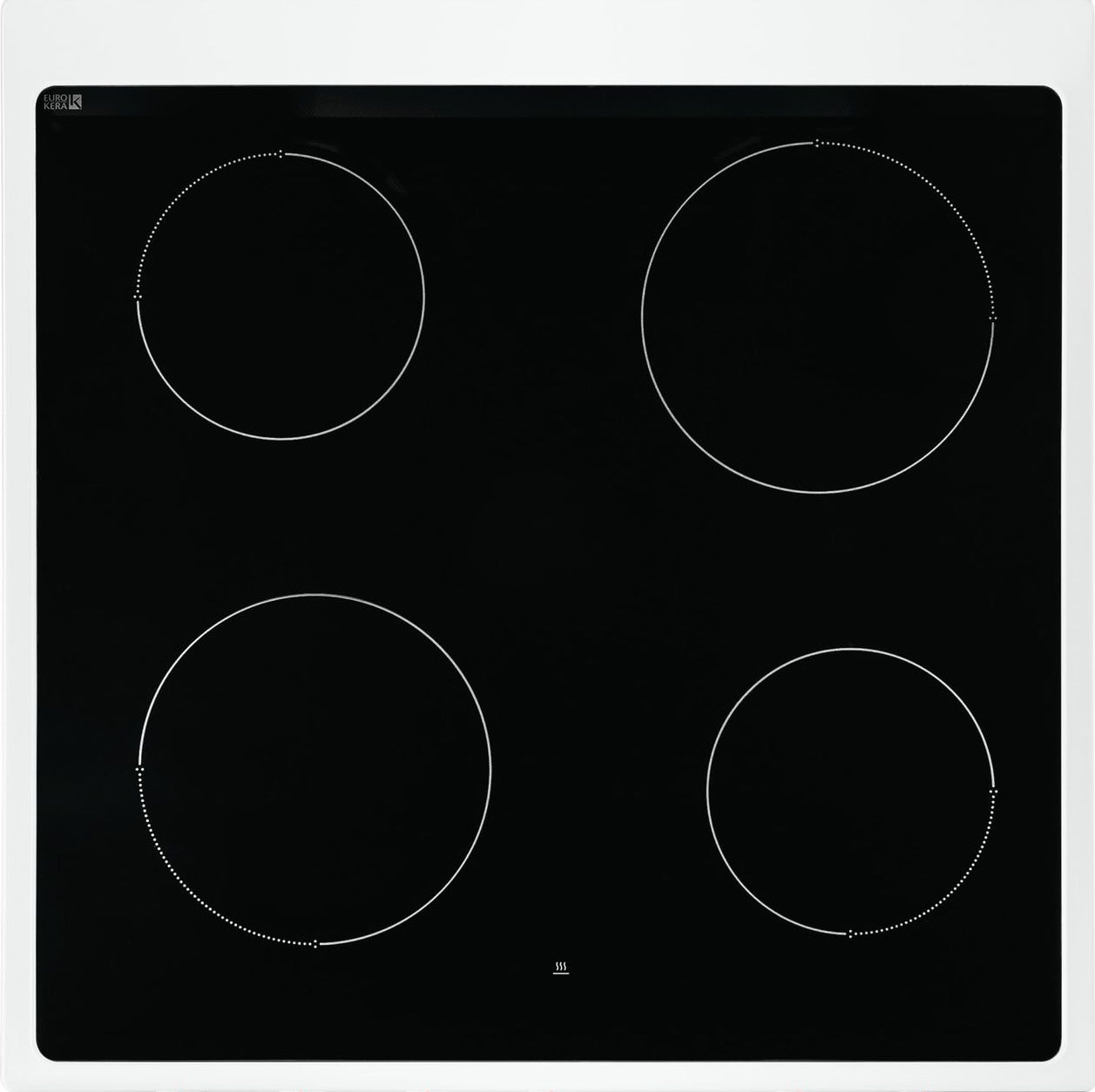 Black smooth glass electric cooktop with four radiant heating elements in kitchen appliances setting