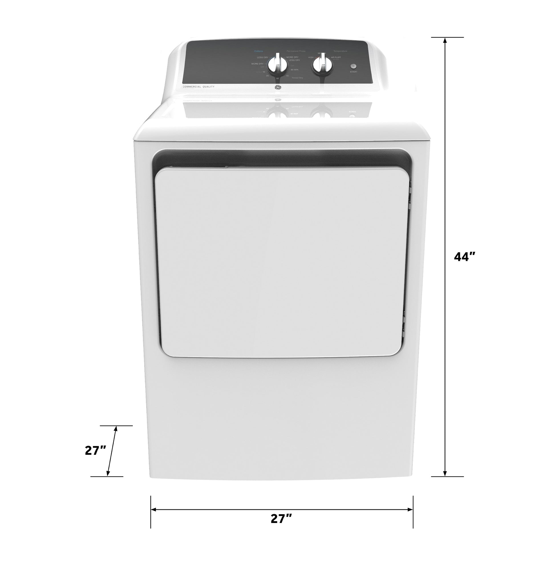 Front view of white electric dryer with control knobs, showing dimensions for home improvement appliances collection