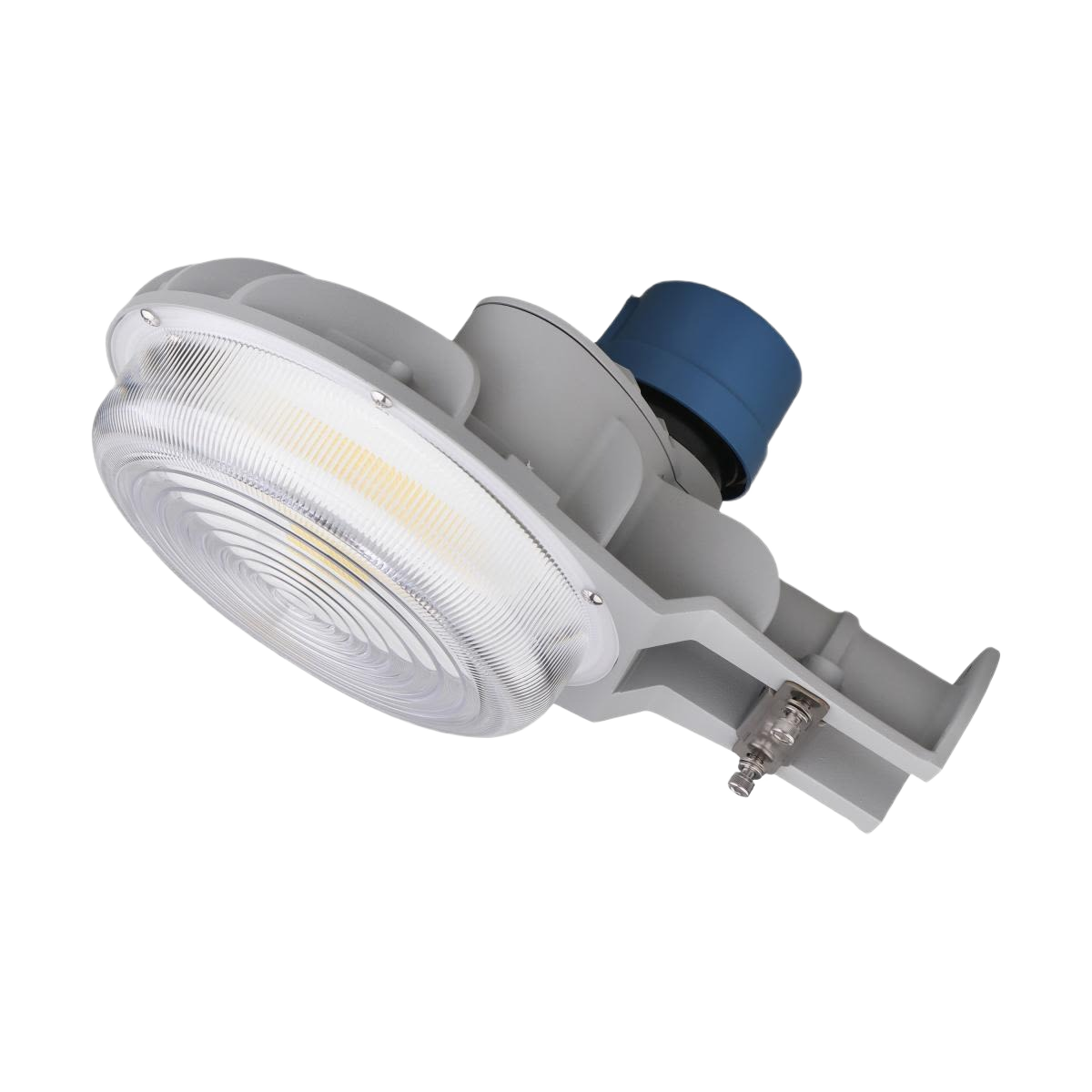 Gray LED area light with photocell sensor, durable aluminum housing, suitable for outdoor electrical and lighting projects