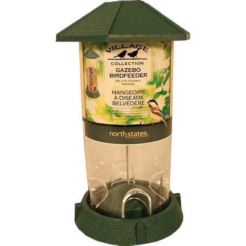 Green gazebo-style bird feeder with clear seed container and 2.25 lb. capacity for home and garden use