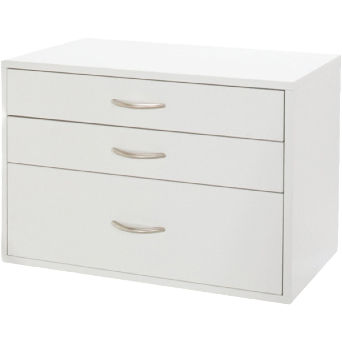 White storage box with three drawers and silver curved handles for organizing tools and home improvement items