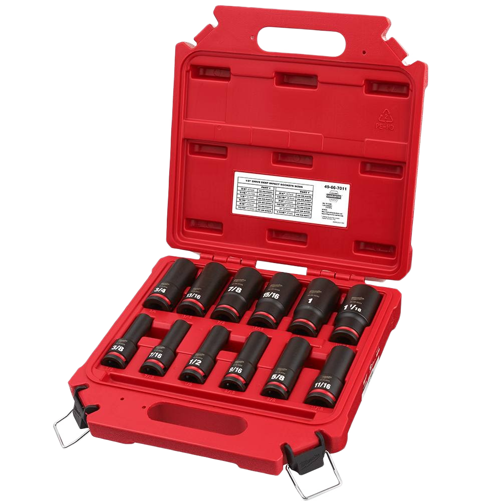 Set of durable black impact deep sockets with red hard case designed for hand tools, woodworking, and home improvement tasks