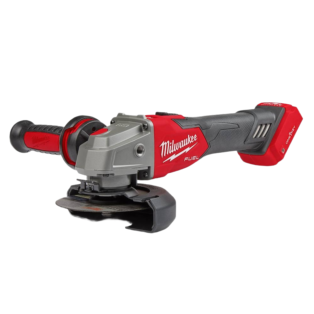 Red and black cordless angle grinder with ergonomic grip and adjustable side handle for home improvement tools and tasks