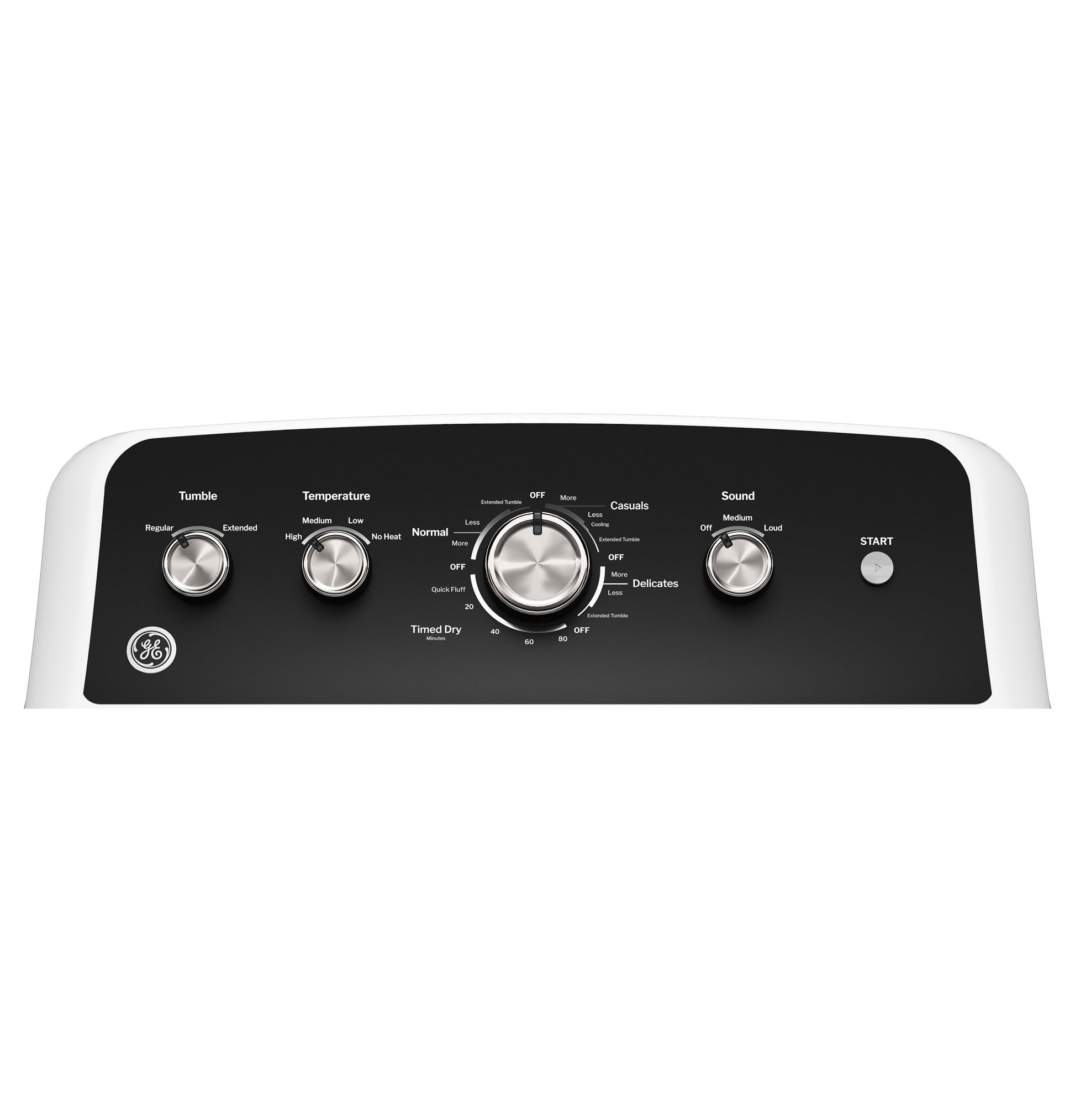 Control panel with knobs for tumble, temperature, sound, and timed dry settings on electric dryer in appliances collection