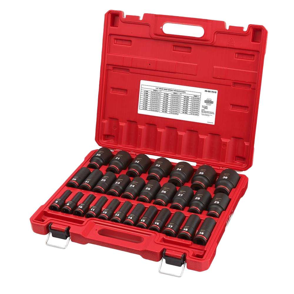 Set of metric deep impact sockets in black finish organized in a red carrying case for hand and woodworking tool collections