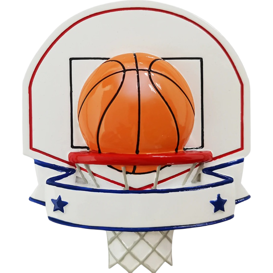 Basketball ornament with orange ball and white backboard featuring blue stars for Christmas decorations under 50 dollars