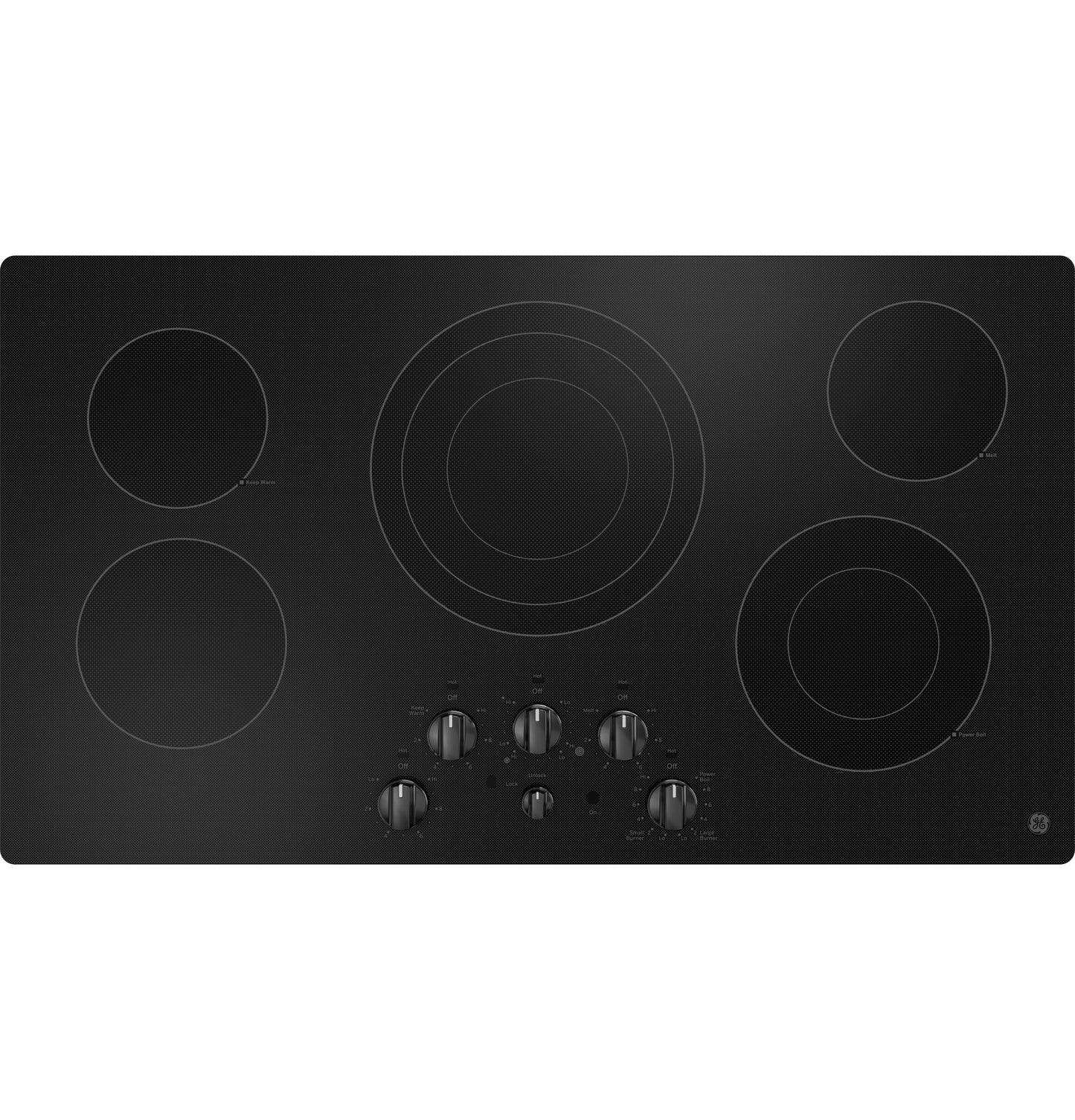 Black electric cooktop with five heating zones and knob controls from Electric Cooktops and Kitchen & Kitchenware collections