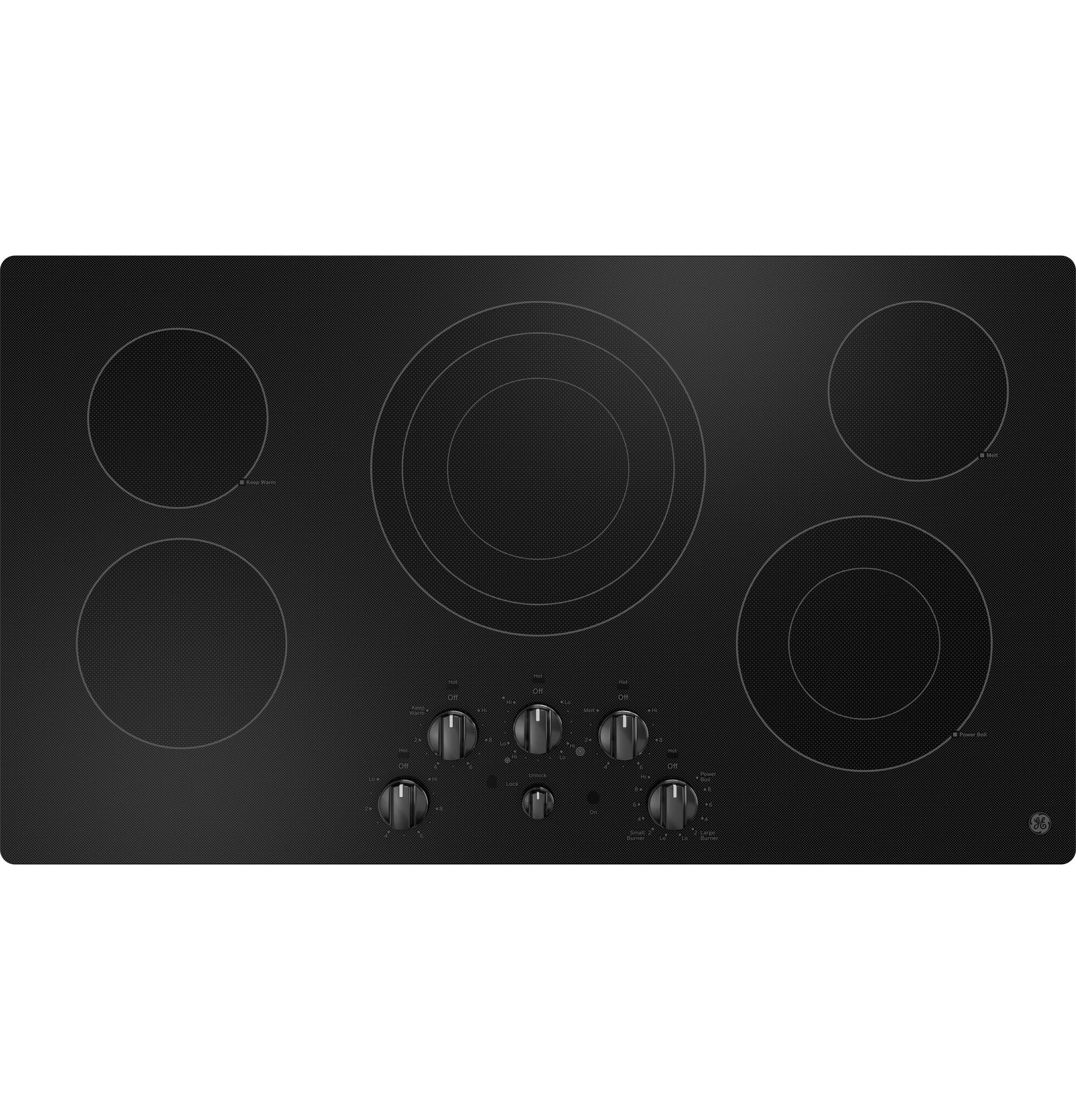 Black electric cooktop with five heating zones and knob controls from Electric Cooktops and Kitchen & Kitchenware collections