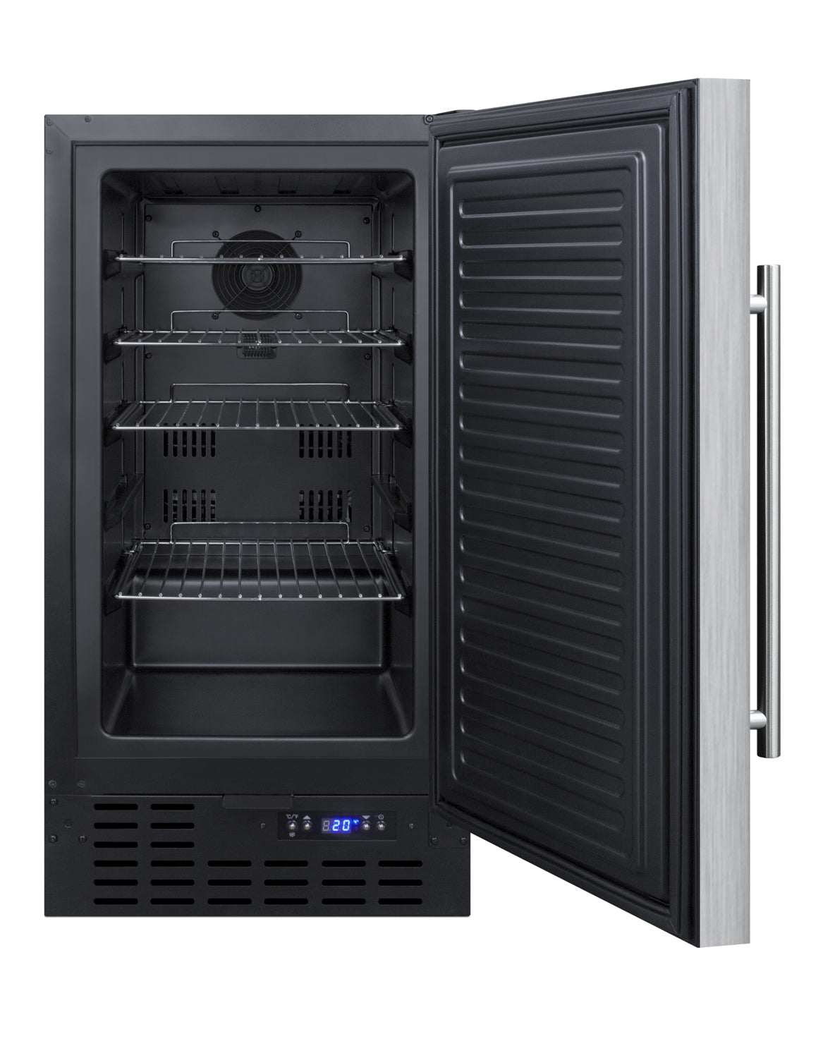 18-inch built-in all-freezer with digital temperature display, stainless handle, and multiple wire shelves for kitchen use