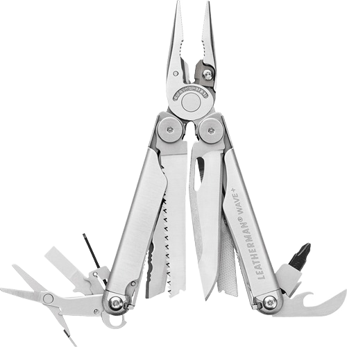 Stainless steel multi-tool with pliers, knife blade, saw, scissors, and various home improvement tool attachments