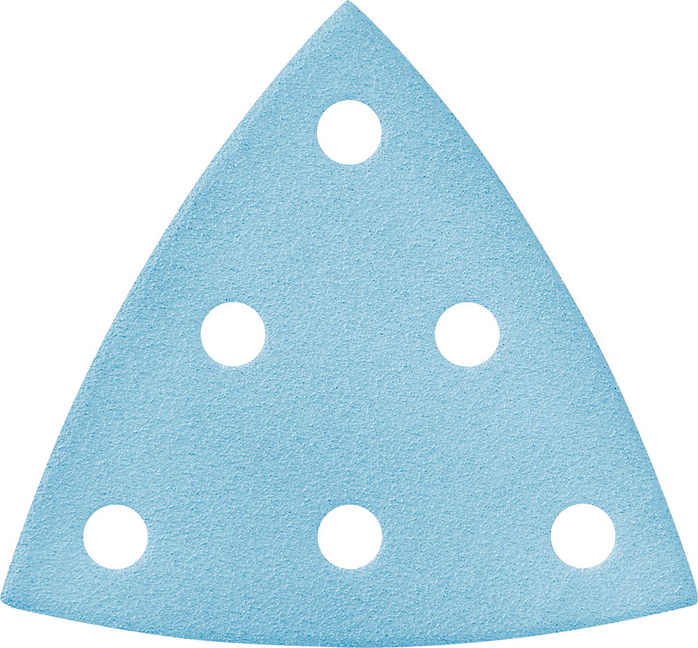 Light blue triangular sanding sheet with perforations for dust extraction in power tool accessories and abrasives collections