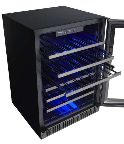 Black single-zone wine cellar with open glass door, metal racks, and blue LED lighting in kitchen appliances collection