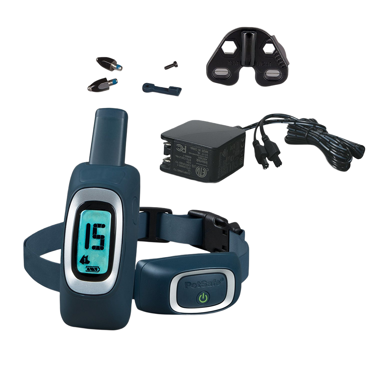 Dark blue remote and receiver collar set with digital display and charging accessories for pet training use