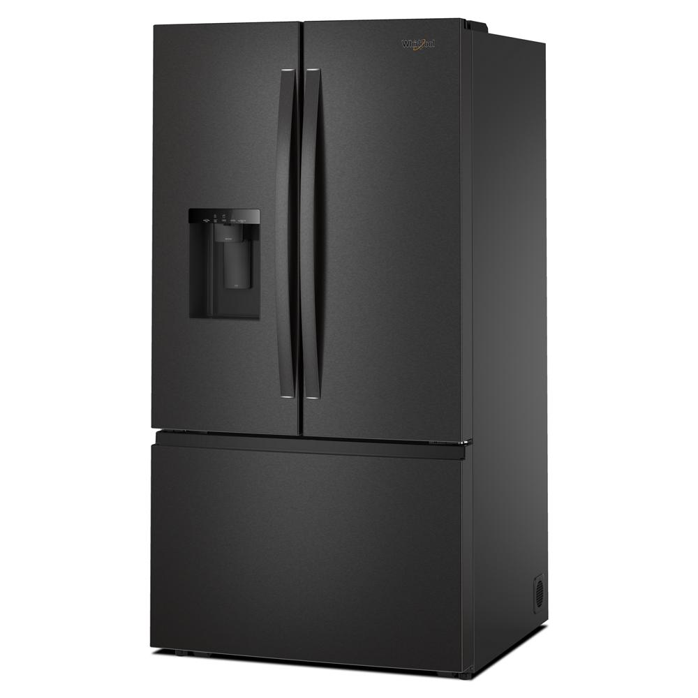 36-inch black finish French door refrigerator with in-door water dispenser, ice maker, and bottom freezer in appliances collection