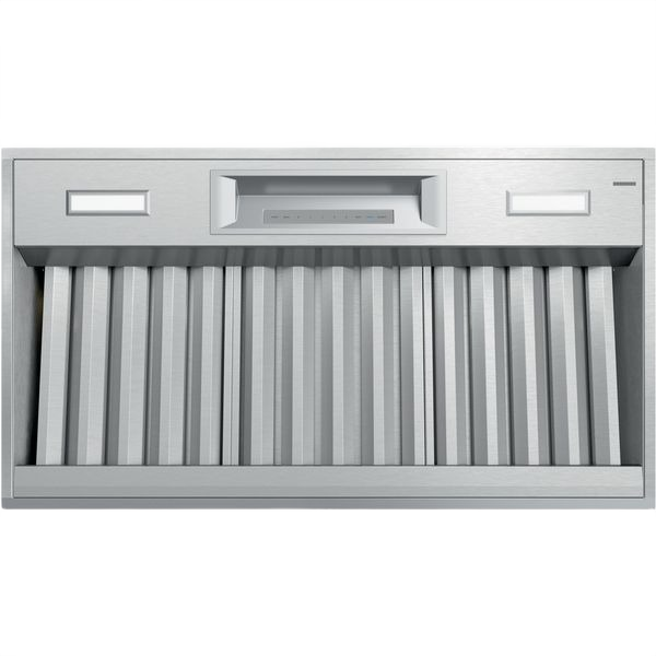 Stainless steel professional custom insert hood with digital controls for over the range installation in kitchen appliances collection