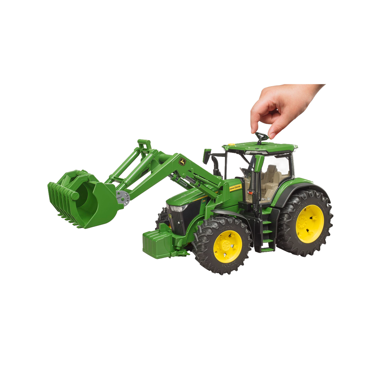 Green Bruder toy tractor with front loader and yellow wheels, part of Vehicles & Remote Controlled Toys collection
